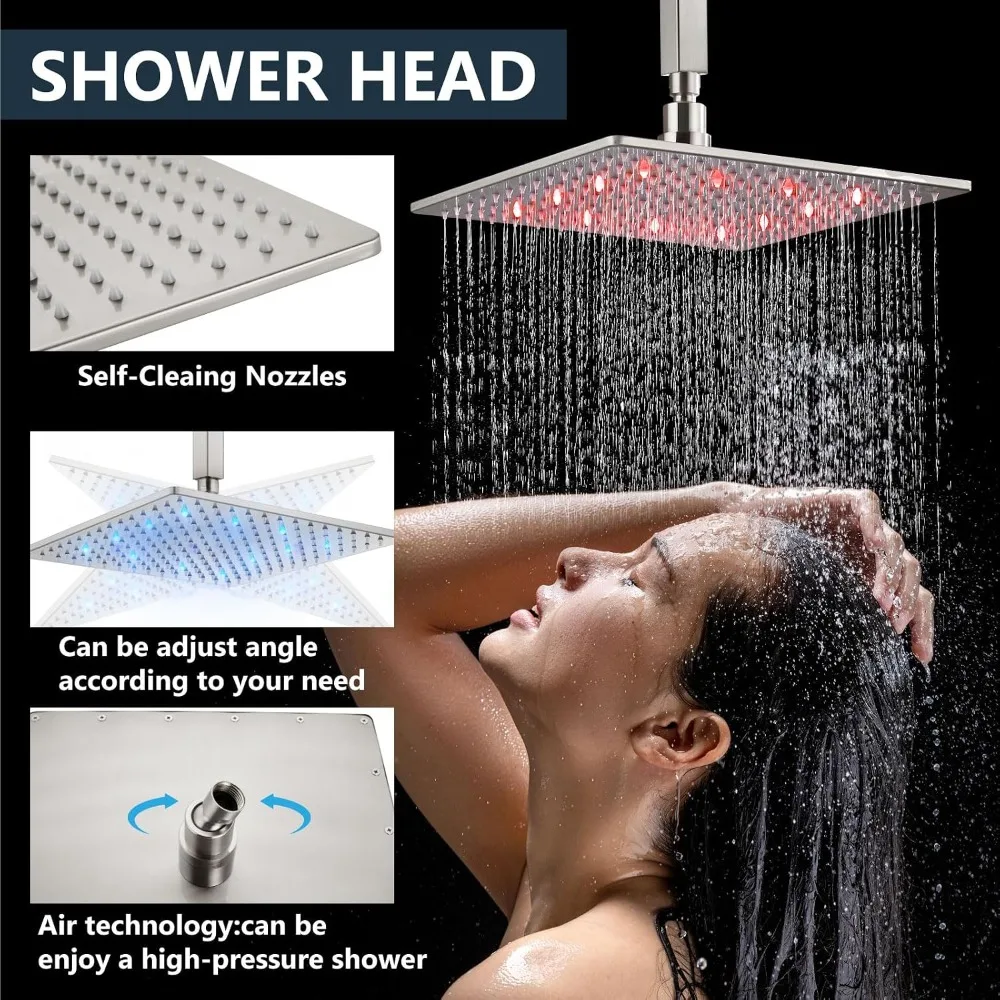 Ceiling Mount Shower Faucet Set with Handheld Spray, High Pressure Rainfall Shower Head, Brushed Nickel 12 Inch LED, Complete Rough-in Valve and Trim Kit view 3