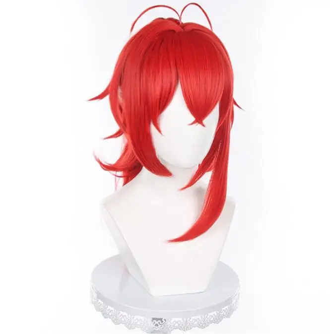 Diluc Ragnvindr Peruca Longa Cosplay com Rabo de Cavalo Alto, Cabelo Sintético, Perucas Game Anime, Resistente ao Calor, Vermelho