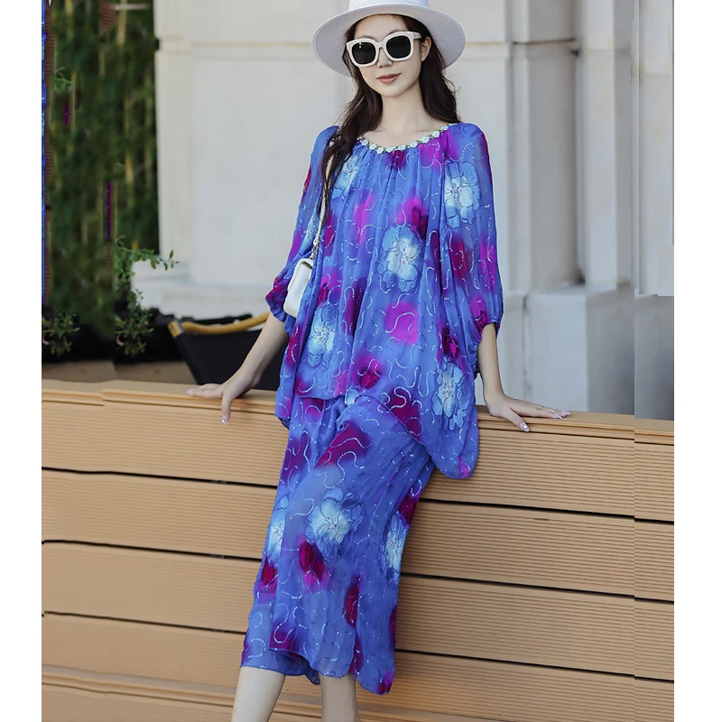 2023 New High End Luxury Print +Sequin Embroidery Loose O-Neck Three Quarter Sleeve Top +Wide Leg Pants Two Piece Set One Size