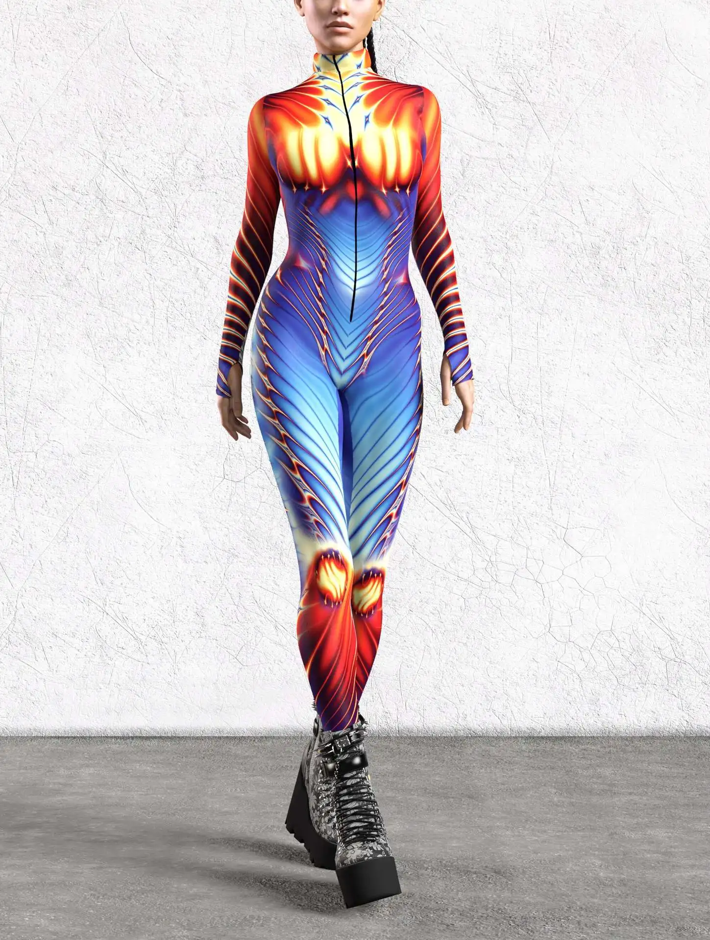 Bunt bedruckter Damen-Jumpsuit für Urlaub und Party, Punk-Zentai, Rave-Outfit, Yoga-Catsuit, Fahrrad- und Halloween-Anzug – Detail 12