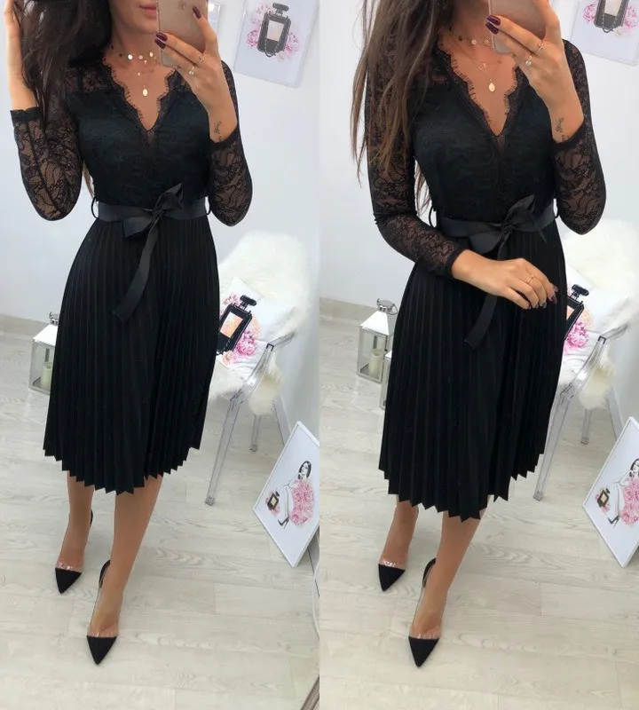 

Women's Lace V-Neck Tie-Waist Pleated Dress Long Sleeve and Midi Length Stylish Elegant Dress