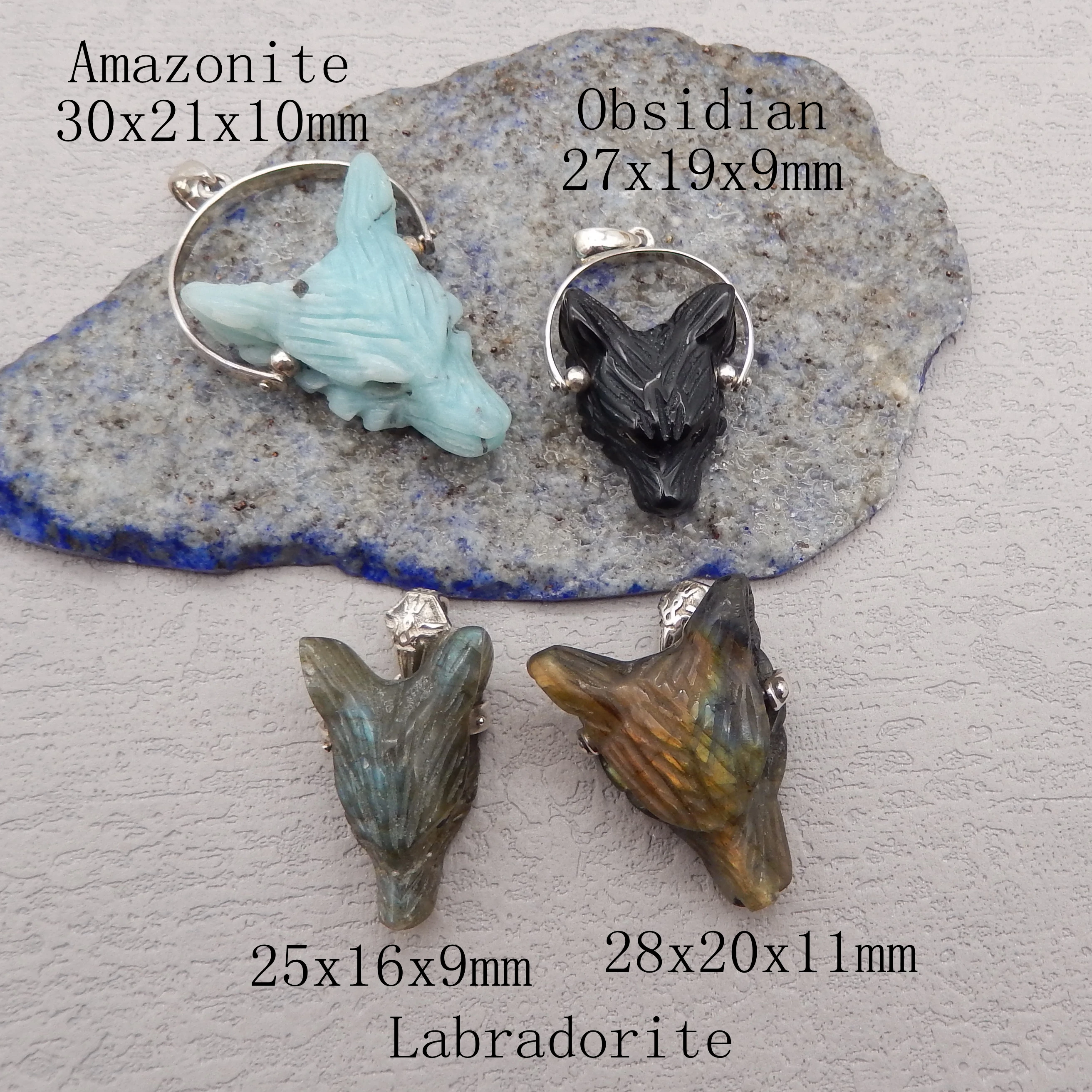 925 Sterling Silver Pendant,Natural Stone Amazonite Handcarved Wolf Head Pendant Bead Men Women Gift 30x21x10mm 6g
