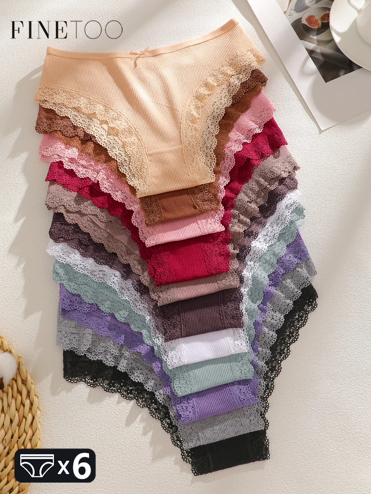 FINETOO 6PCS frauen Baumwolle Spitze Unterwäsche Sexy Gekreuzte Gürtel Brasilianische Höschen Weibliche Low Rise Atmungsaktive Briefs Weiche Dessous