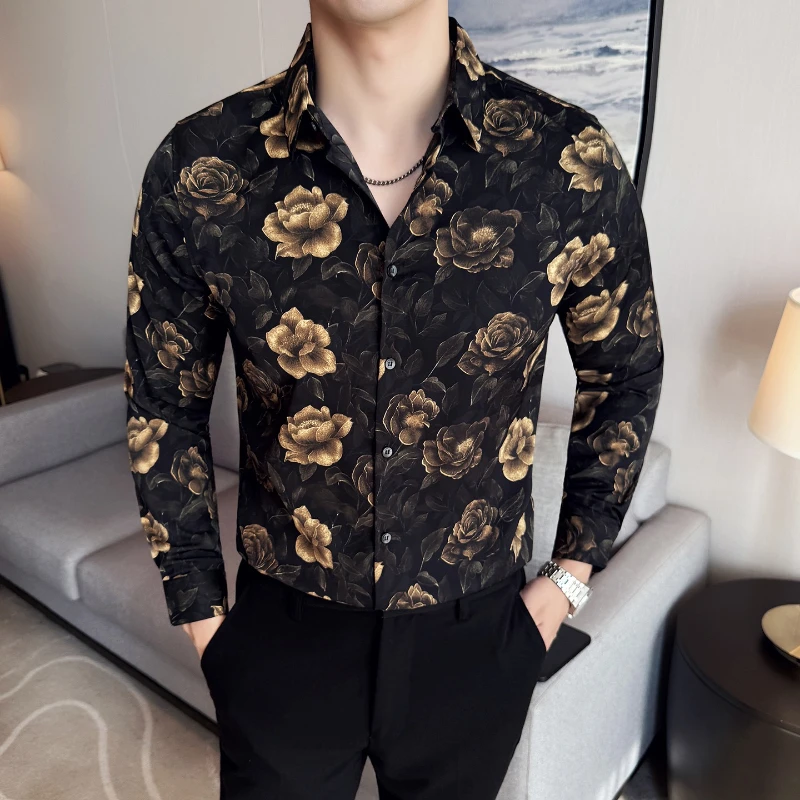 Luxury Social Men Shirts Fashion Floral Printed Long Sleeve Slim Fit Male Tuxedo Shirt Asian Size Buttons Slim Camisas De Hombre