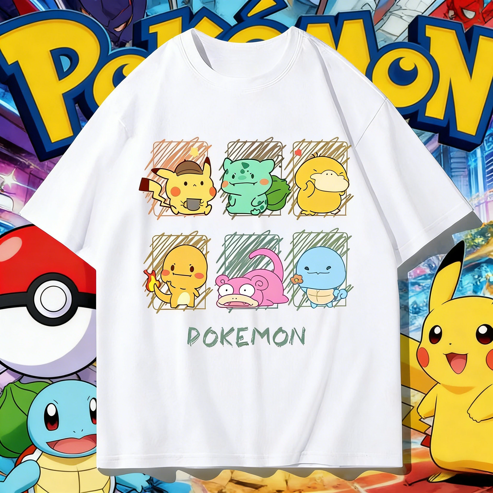 2026 Sommer Pokémon Niedliche Starter-Gruppen-Print T-Shirts, 100% Baumwolle Locker Sitzende Übergroße Paar- & Familien-T-Shirts für Reisen, Spiele & Sport