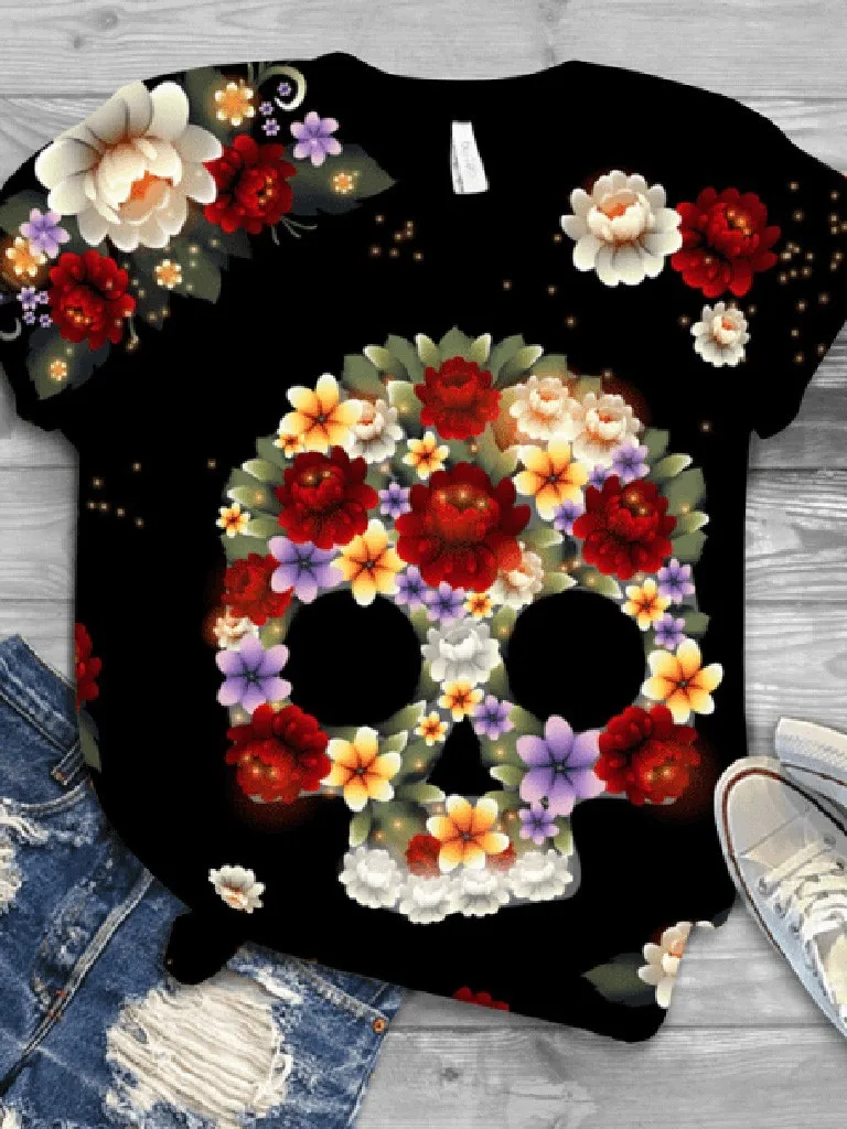 T-shirt da donna casual stampata versatile Street Sle Motivo floreale 3D Umidità ng ort Sve round Ne Regular Fit