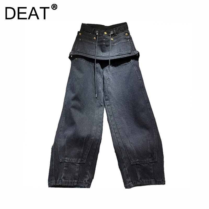 DEAT Women's Denim Pants Loose Patchwork Fake 2 Pcs Solid Color Wide Leg Drawstring Jeans 2024 New Fashion Autumn 11A01801