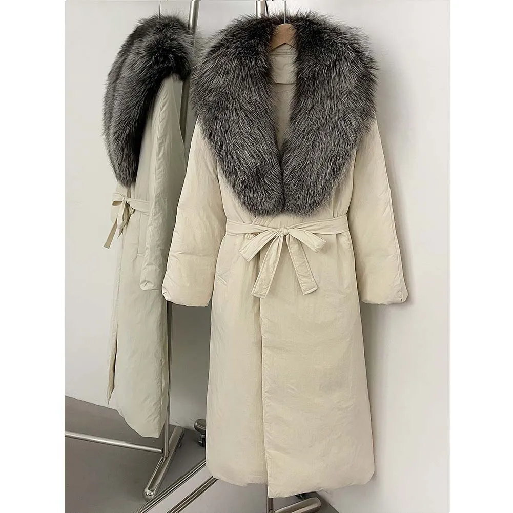 เสื้อโค้ทขนเป็ดขาวแท้สำหรับผู้หญิง ฤดูหนาวปี 2025  คอปกขนฟ็อกซ์แท้  แบบยาวพองตัว  หนานุ่ม อุ่น  พร้อมขนแท้