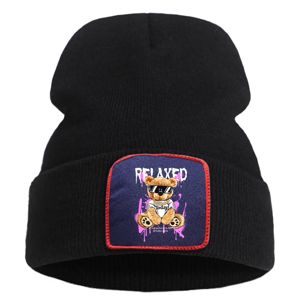 Hip Hop Bear Relaxed Today Letter Hat Solid Color Warm Bonnet Cap Casual Hip Hop Beanie Caps Outdoor Cartoon Print Knitted Hats