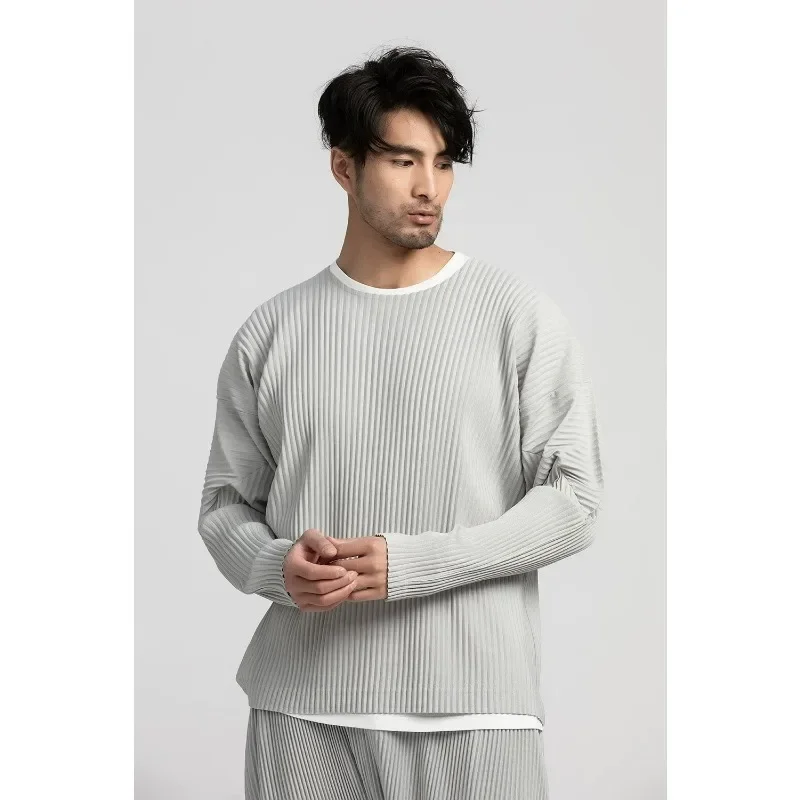 YUDX Miyake Pleated Full Sleeve Round Collar T Shirt Men Fashion Japanese Streetwear Long Sleeve Plain T-shirt Casual Top 2023