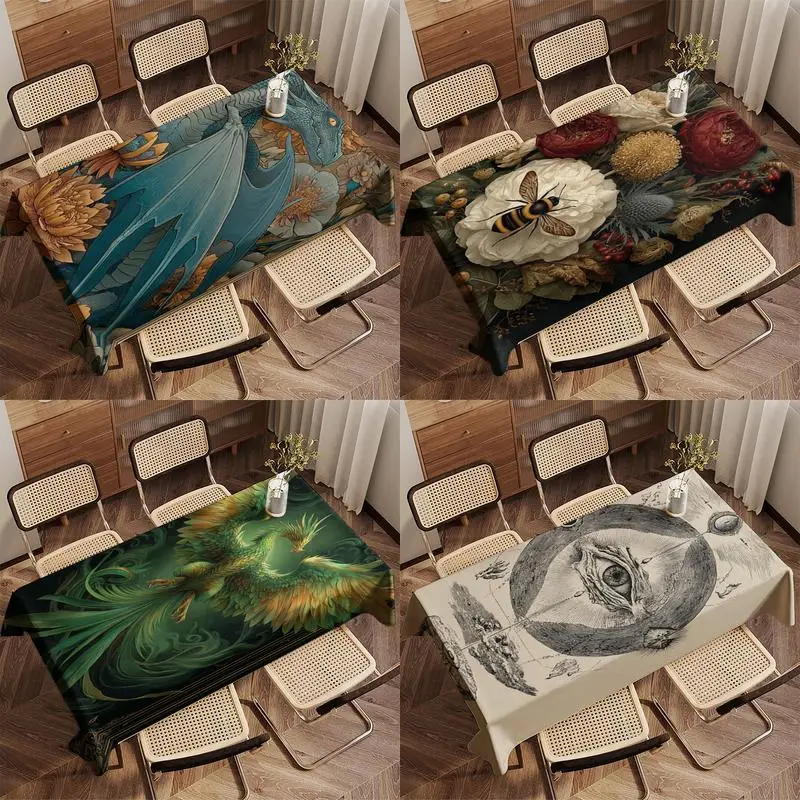 

Скатерть с драконом и цветочным рисунком, ресторанная кухонная скатерть, украшение для гостиной, дома, прямоугольное украшение для вечеринки