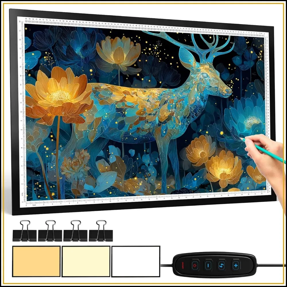 

A2 Light Pad 26"x19", 10000+ LUX Super Bright 10 Levels/Stepless Dimming 3 Colors Art Light Board Extra Large with UL Adapter for Diamond Painting, Tracing, Drawing, Sketching - Aluminum Frame