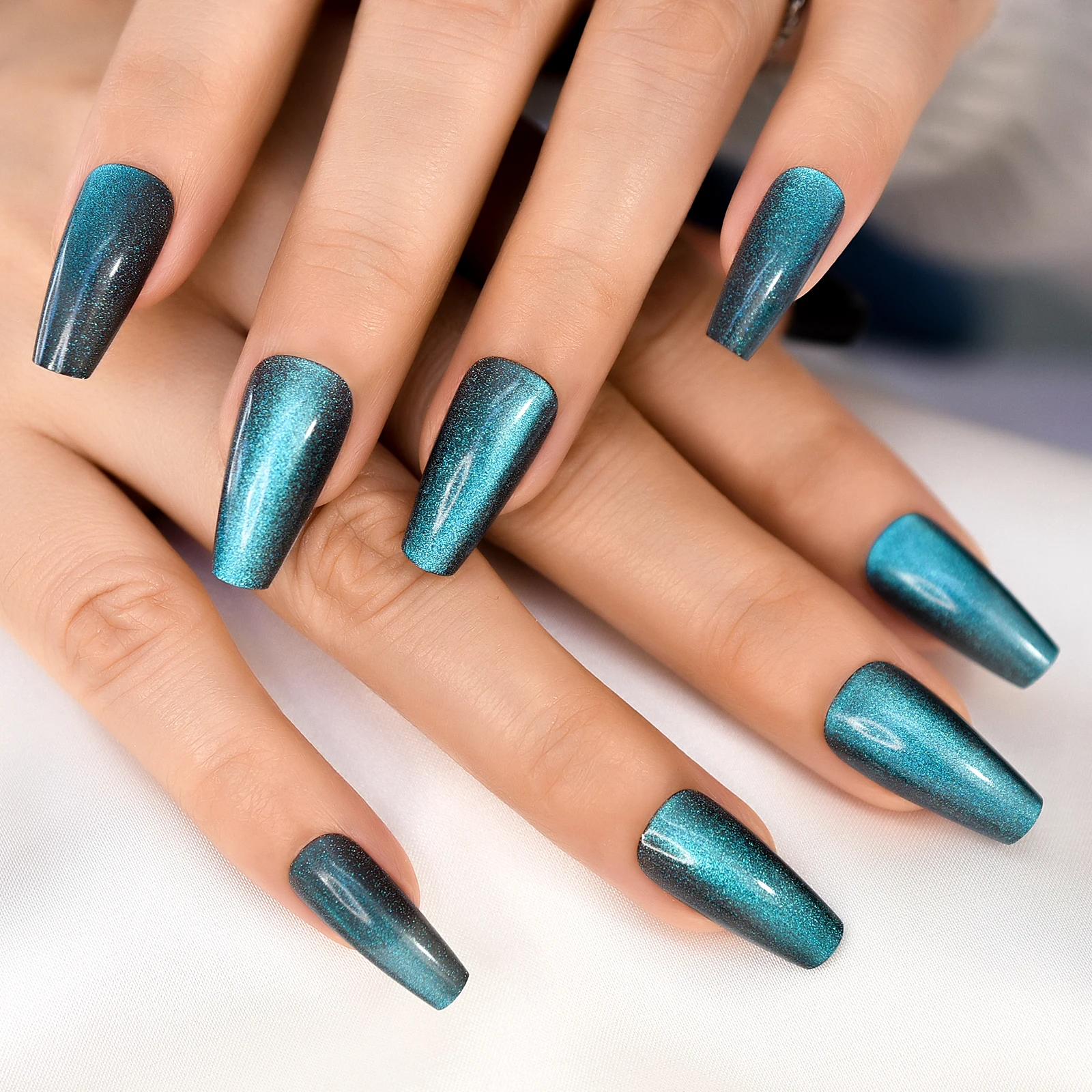 Press On Nails Medium Glossy Manicure At Home Coffin Shape Cat Eyes Matel Blue Color Fingernails With Sticker For Womens