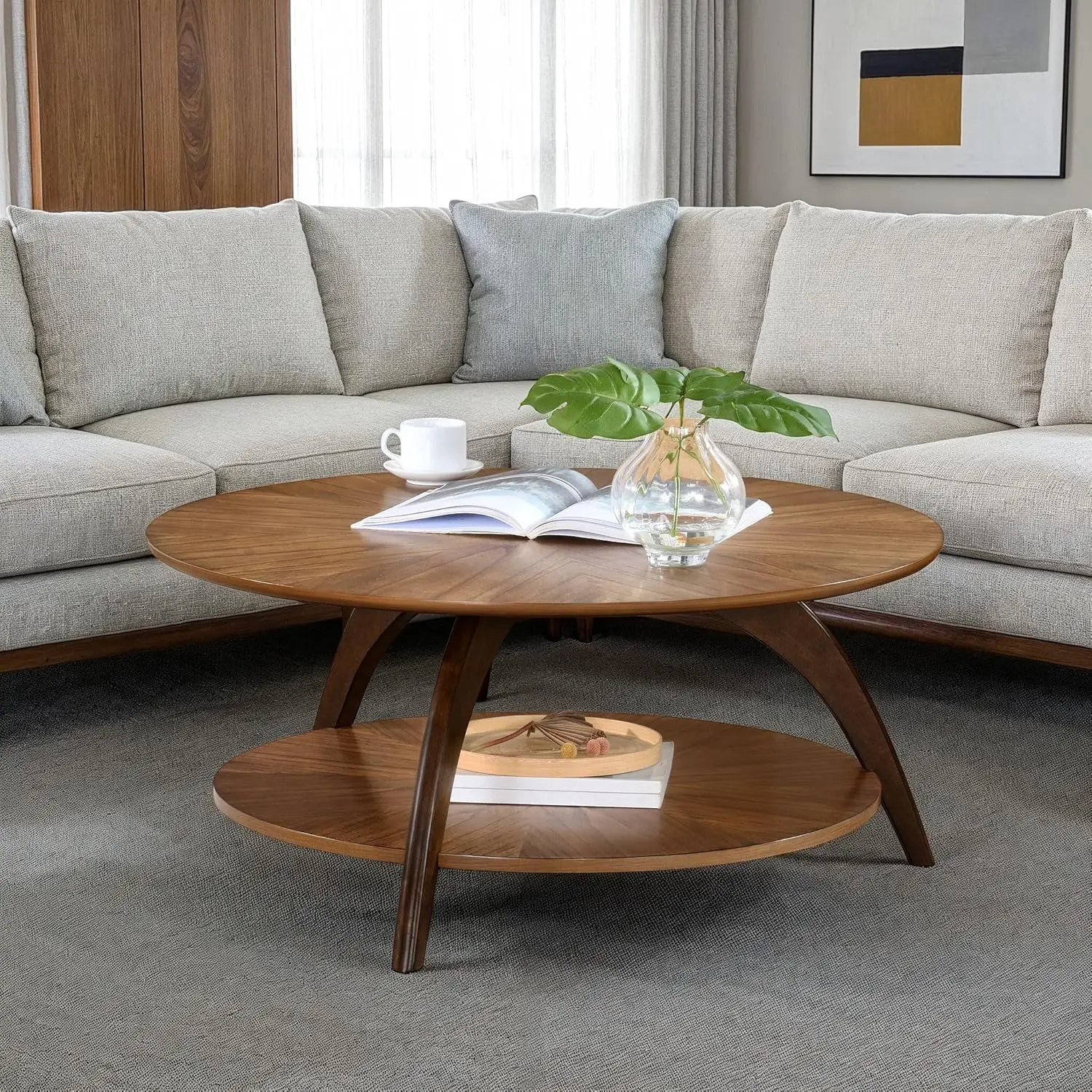 

Retro Mid-Century Modern Round Wood Coffee Table With Lower Shelf, Cocktail Table For Living Room Or Den. Caramel Brown With