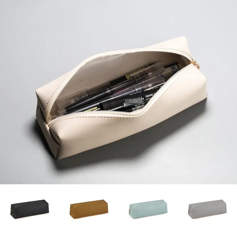 Pen Bag Holder Casual Simple PVC Leather Student Pencil Pouch Stationery Box Unisex Multi-purpose Makeup Pen Brush Storage Bag