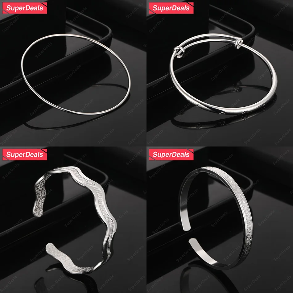 

SuperDeals 925 Sterling Silver Round Wave Frosted Bangles For Men Women Engagement Wedding Party Fashion Trend Jewelry Gift