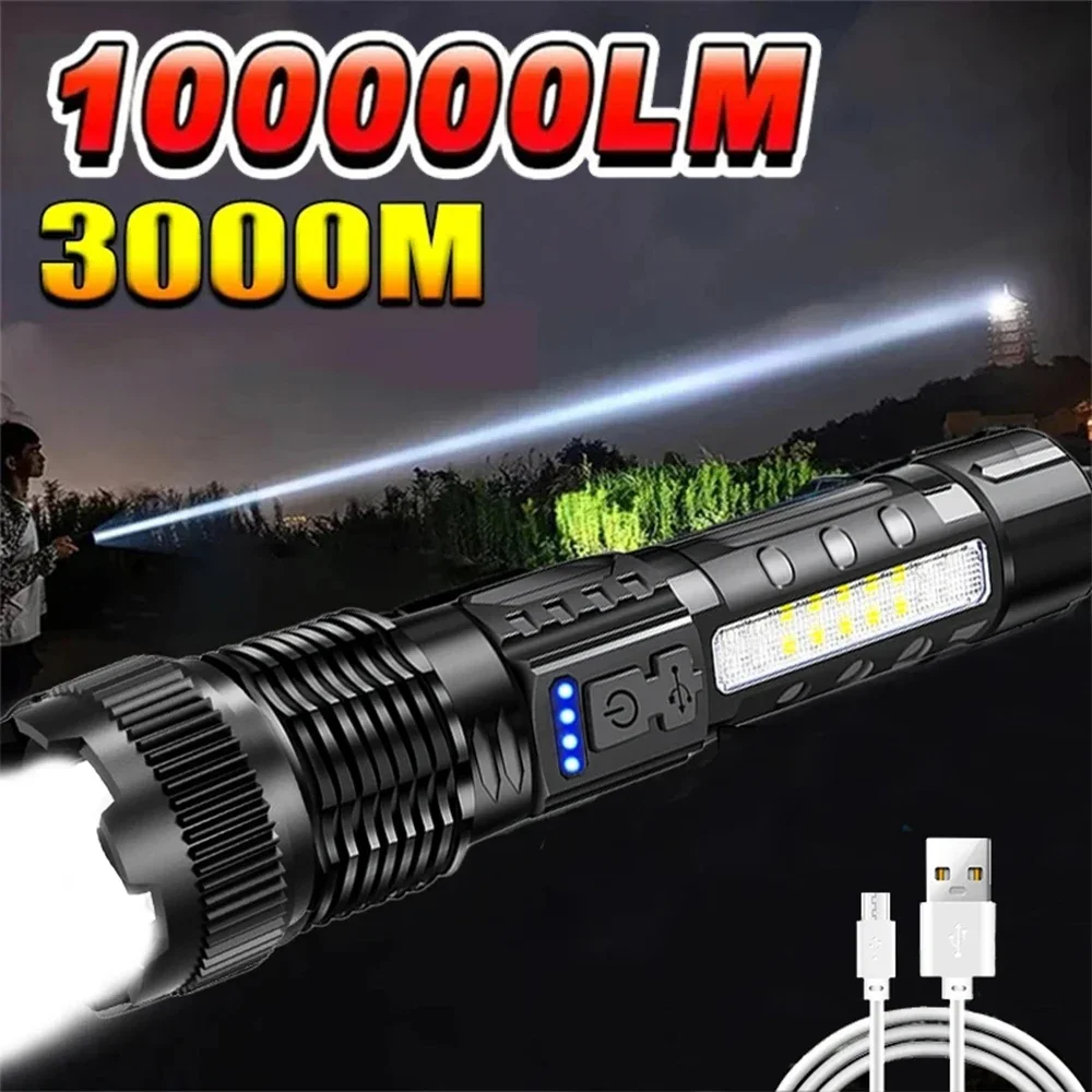 LED Flashlight USB Rechargeable Torch High Power Strong Light Flashlight Long Range Tactical Zoom Lamp Outdoor Camping Lantern