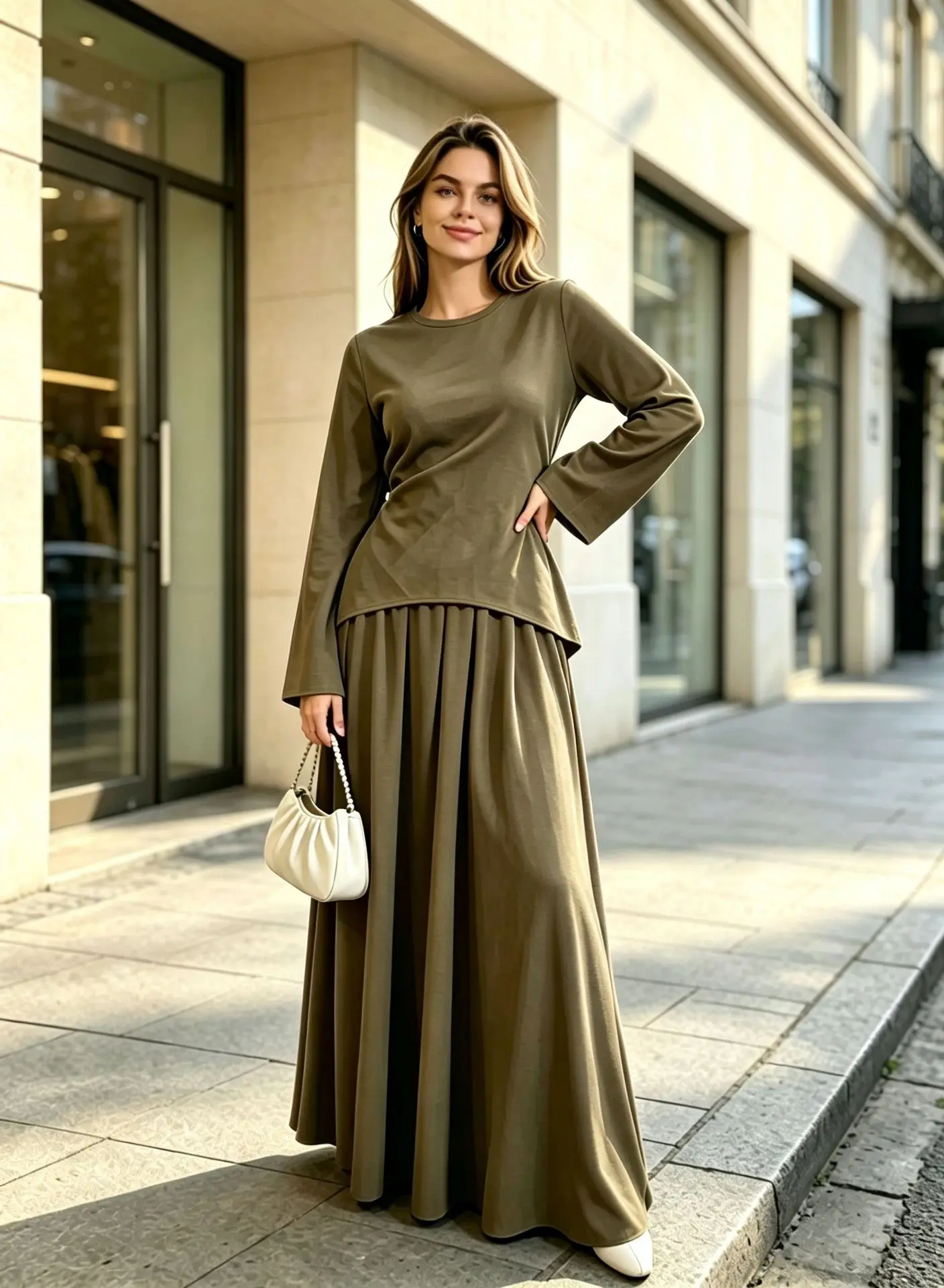 2026 New Women 2 Piece Outfit Solid Crew Neck Loose Long Sleeve Top And Long Skirt Set, European American Casual Style