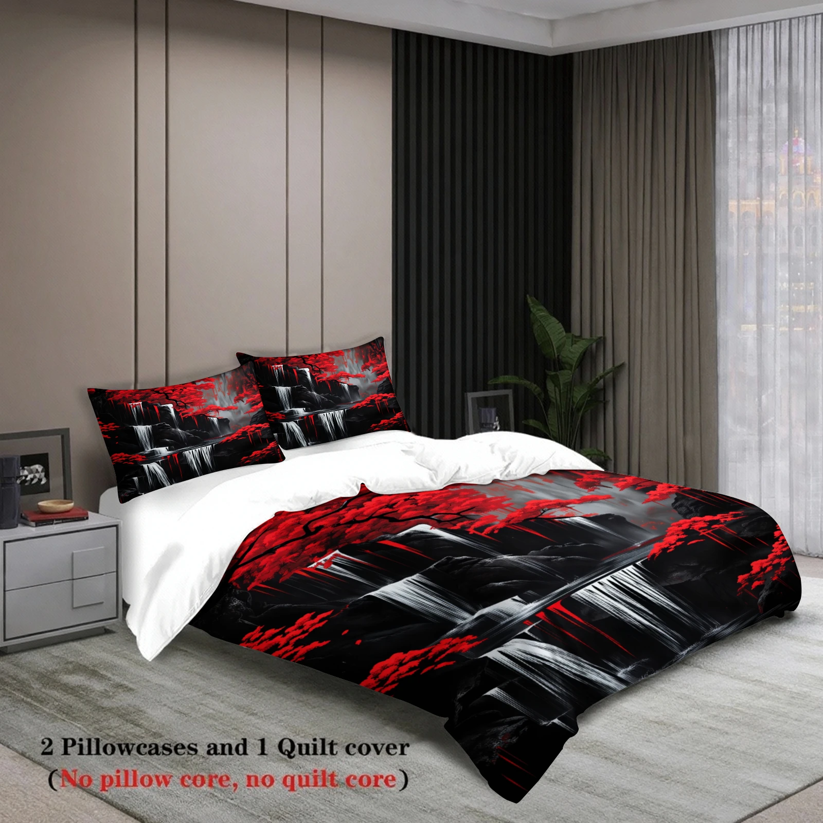 3pcs Red Maple Tree Waterfall Bedding Sets 3D Printed Nature Landscape Duvet Cover Sets With Pillowcases No Filling
