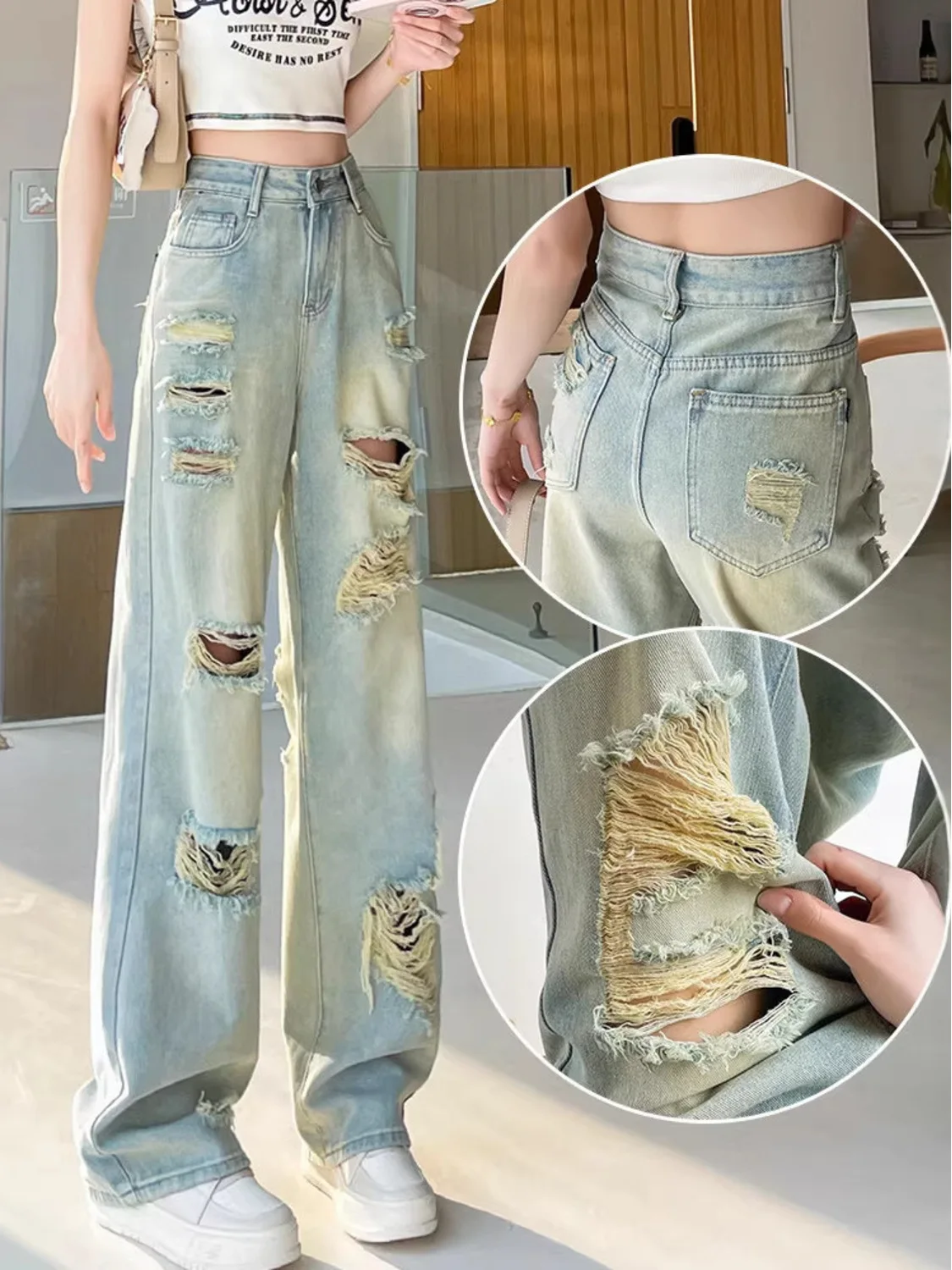 Women's High Waist Ripped Wide Leg Jeans Y2K Vintage Distressed Baggy Denim Pants Summer 2026 Streetwear
