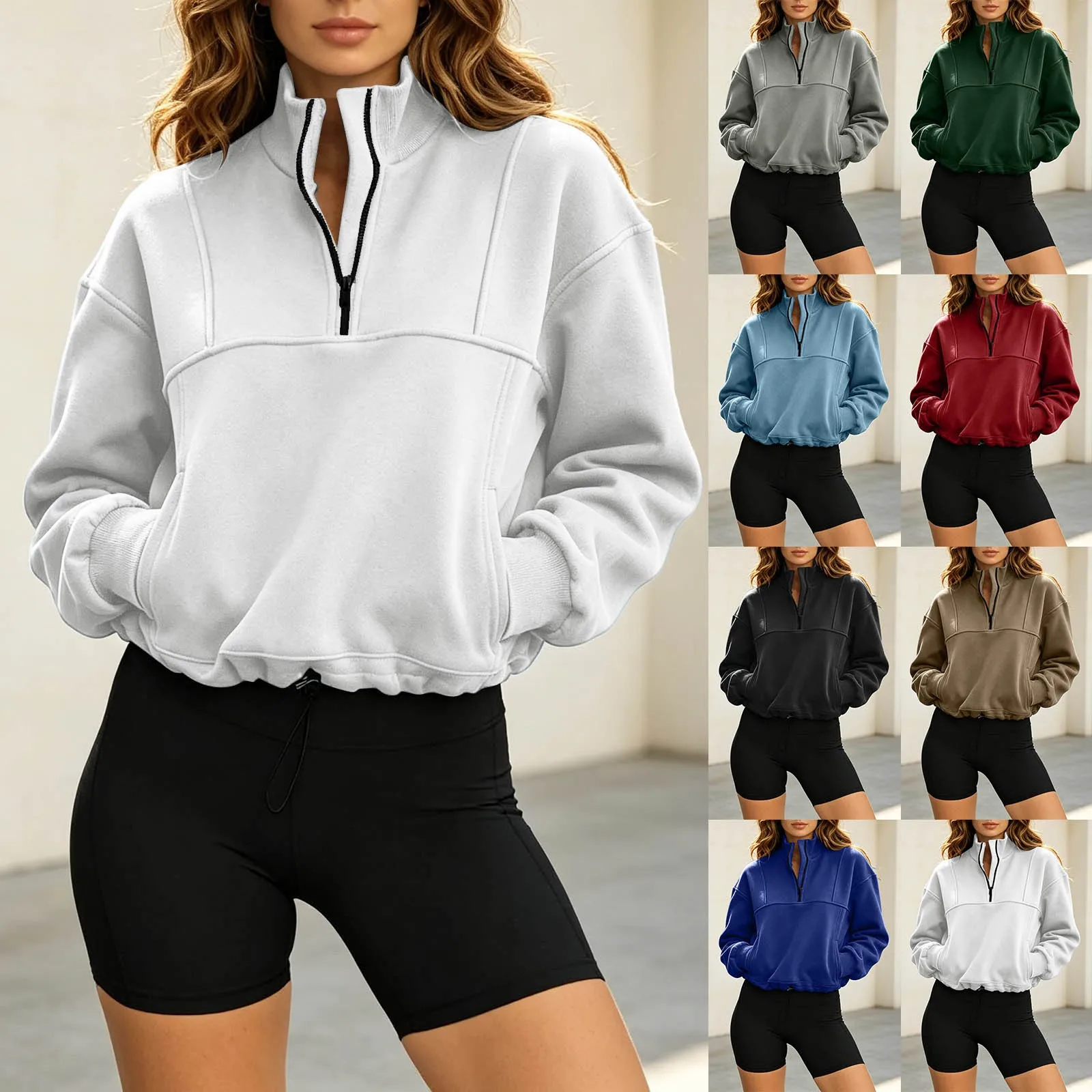 Women Half Zip Cropped Sweatshirt Stand Collar Long Sleeve Drawstring Hem Pullover With Pockets Loose Casual Y2k Cropped Hoodies