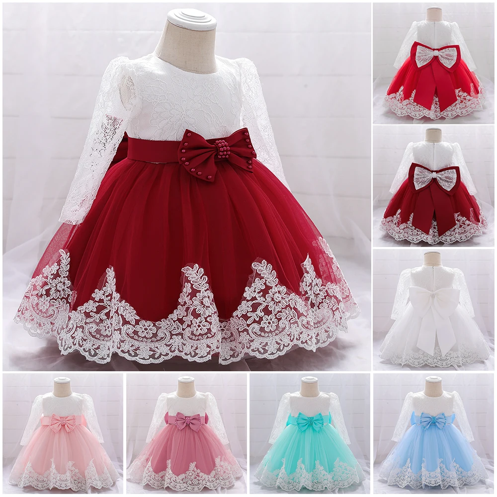 Baby Girl Baptism Newborn Photography Clothing Toddler Birthday Summer Dress Kids Christening Long Sleeve Lace Bow Ball Gown