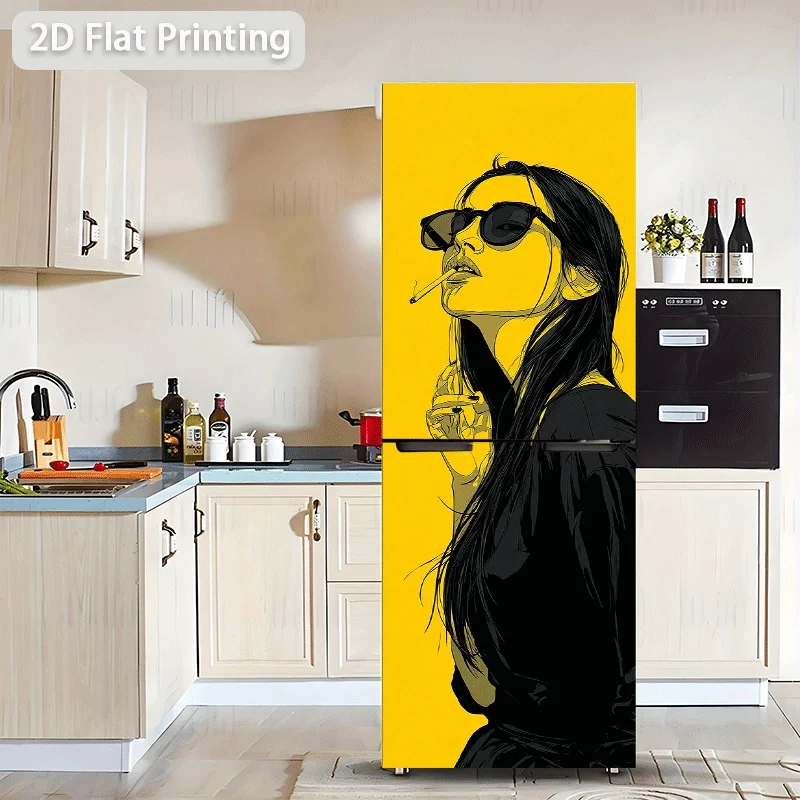 of Refrigerator Sticker Measuring Featuring a Woman Wearing Glasses And Smoking, Suitable for Cabinet And Wardrobe Decoration,