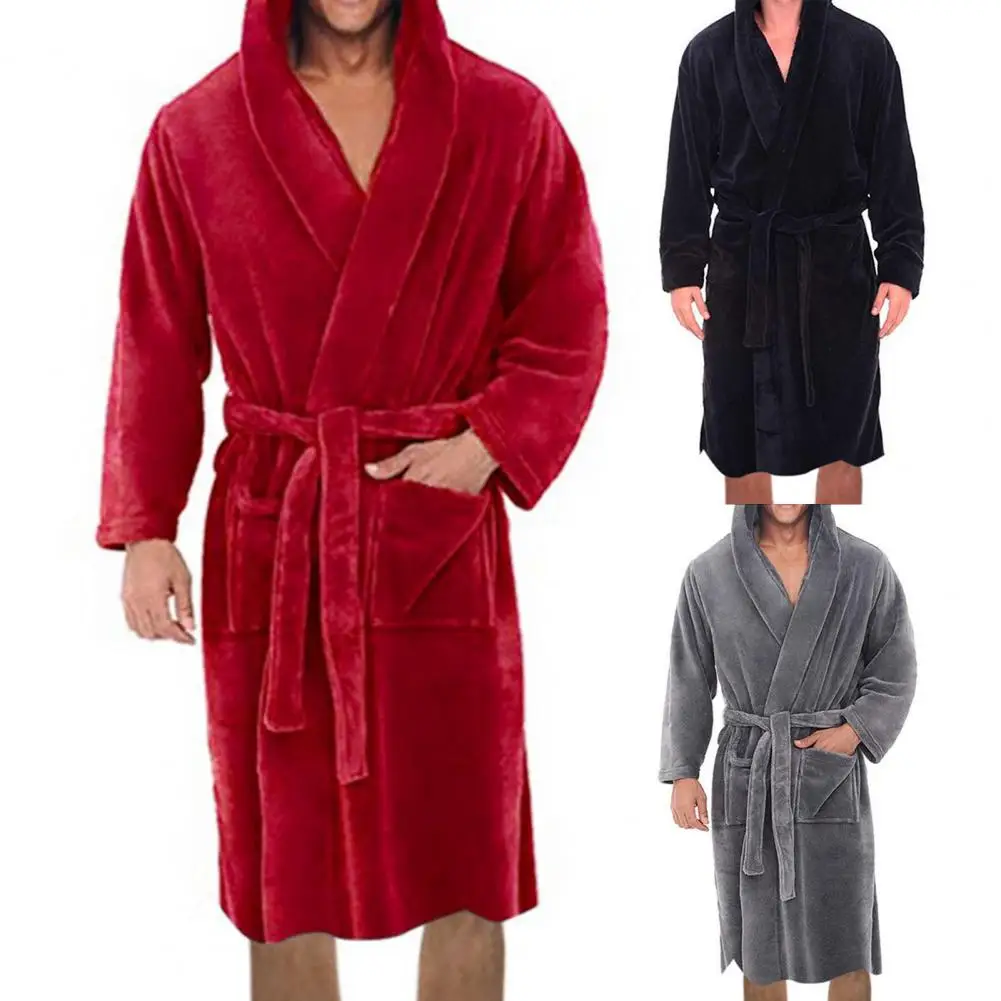 Chic Hooded Pockets Warm Men Nightgown Lightweight Bath Robe Pockets Thickened Warm Pajamas Robe Home Clothes