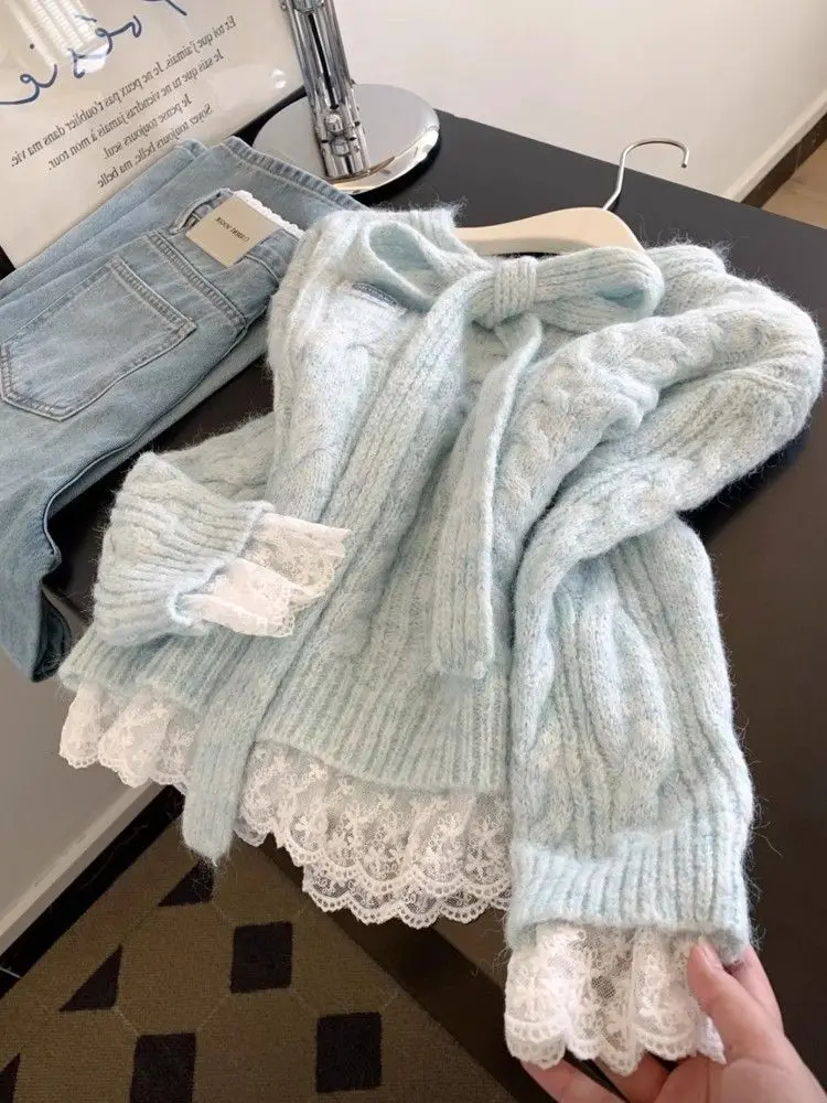 

Кружевной свитер с бантом на шнуровке, женский осенне-зимний вязаный свитер, топ, корейский модный милый свитер Sueter Mujer