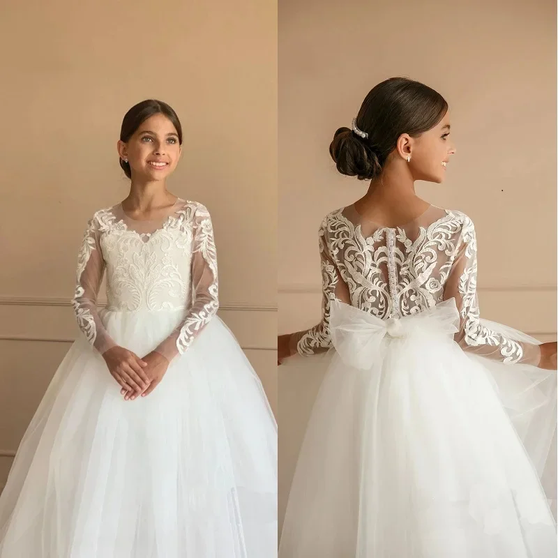 Vestido de comunión blanco para niñas, manga larga, encaje Floral, tul, línea A con lazo, tren, Appqulies, boda, incluso para niños