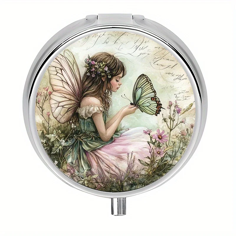 Single-piece, flat, round three-compartment box, designed with a fairy garden circular pattern, used for sorting and dispensing medication. It is gentle and soft, suitable as a gift for the elderly or friends, made of metal