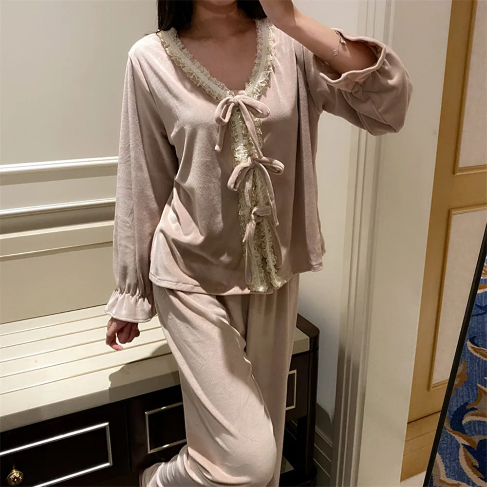 Women\'s Pajamas Set Nightie Pyjama Set Gift Female Nightwear 2023 Autumn Golden Velvet Long Sleeve Top Sleeping Pants