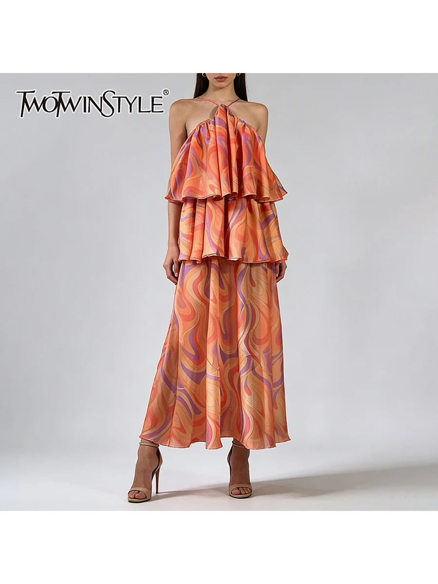 TWOTWINSTYLE Printing Sheer Spliced Ruffles Folds Fashion Dresses for Women Strapless Sleeveless Design Sense Long Dress Female