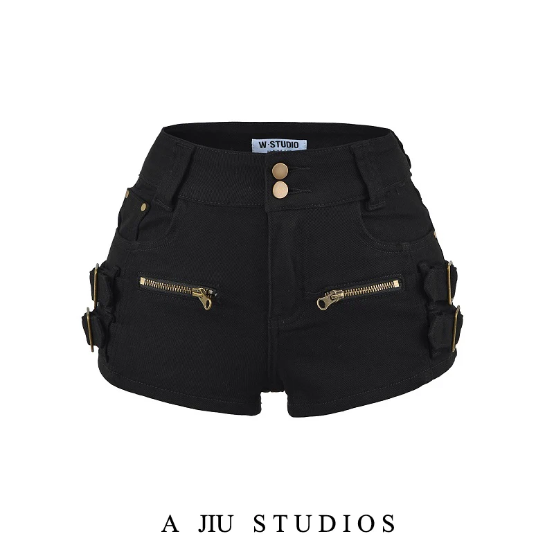 

High Waist Metal Zipper Short Jeans Women's Summer Slim Fit Hot Pants American Style Sexy Black Workwear Denim Shorts