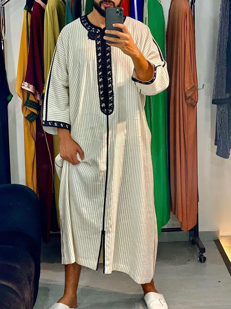 Men Islamic Arabian Patchwork Striped Embroidery Eid Muslim Long Robe Jubba Casual Loose Abayas 2024 Morocco Dubai Jalabiya