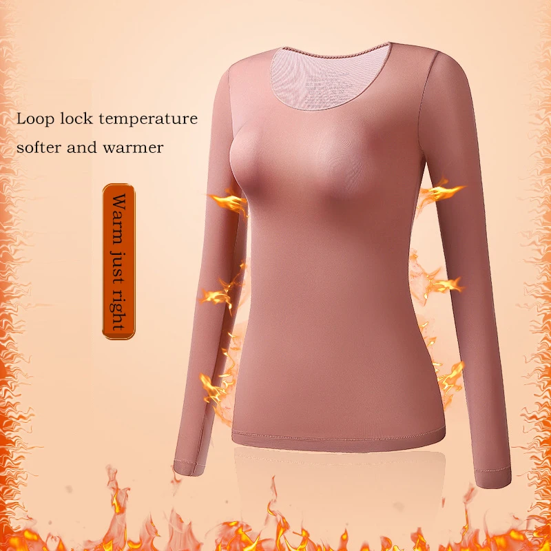 Women's Thermal Underwear Winter  Bottoming Shirt Long-sleeved T-shirt Solid Thin Thermal Top Second Women's Thermal Skin L-XL