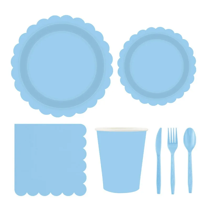 

24 People Light blue lace theme party disposable tableware set, paper plates and cups, decorative party supplies