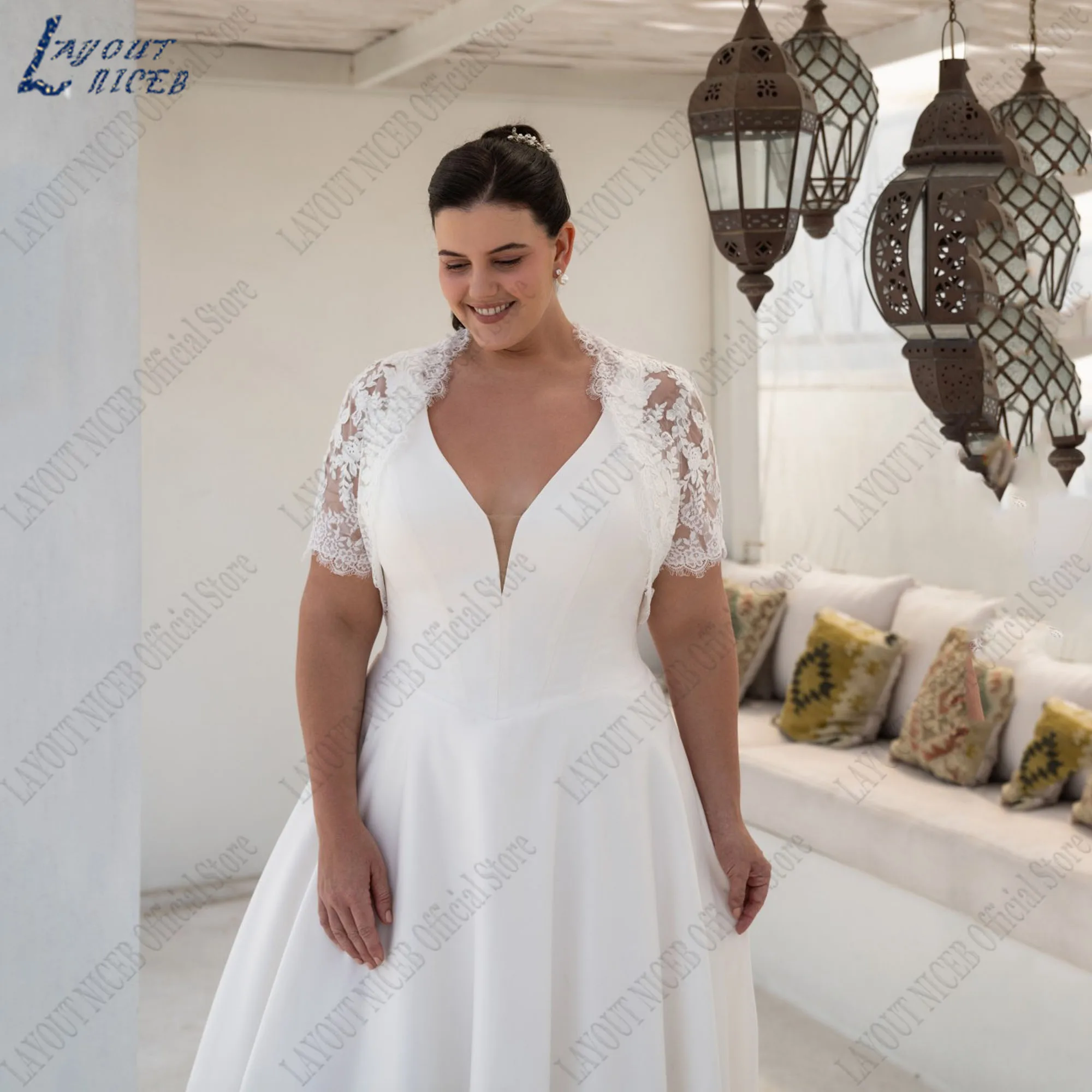 LAYOUT NICEB Large Size Wedding Dress For Bride V-Neck Satin Applique Bridal Gowns A-Line Short Sleeves Vestidos De Novia