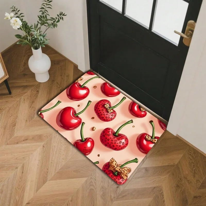 Pink Base Leopard Bow Cherry Front Door Mat Cute Fruit Pattern Non Slip Entryway Rug