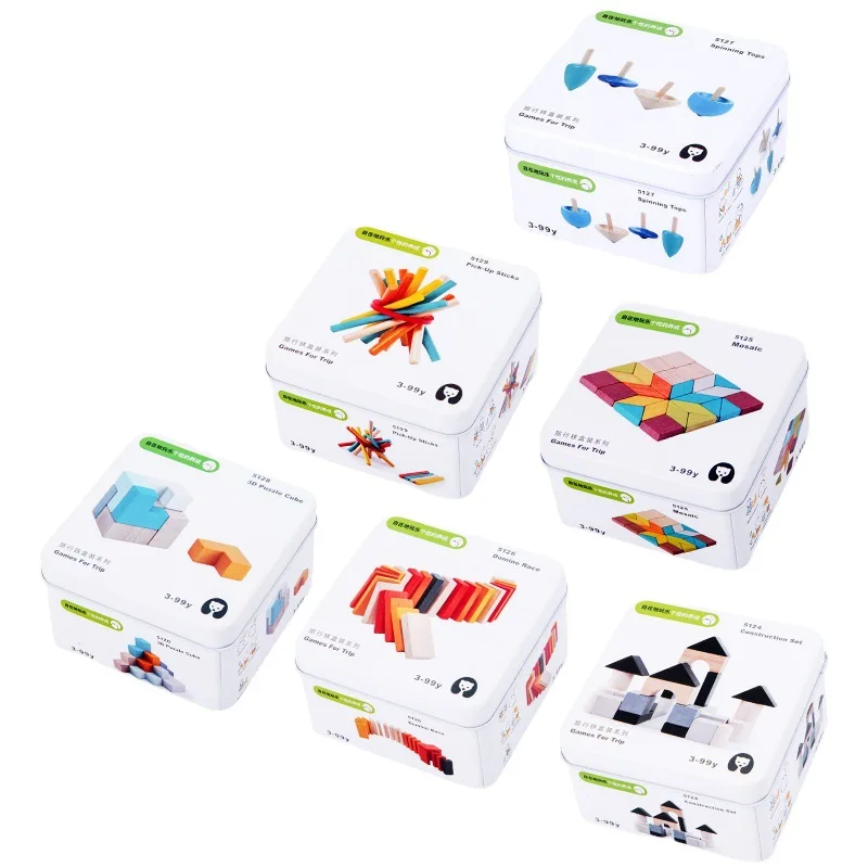 Travel กล่องเหล็ก Series Domino Magic Cube Top ปริศนาไม้ของเล่นเด็กปริศนาการตรัสรู้ Early Education บล็อกอาคารไม้