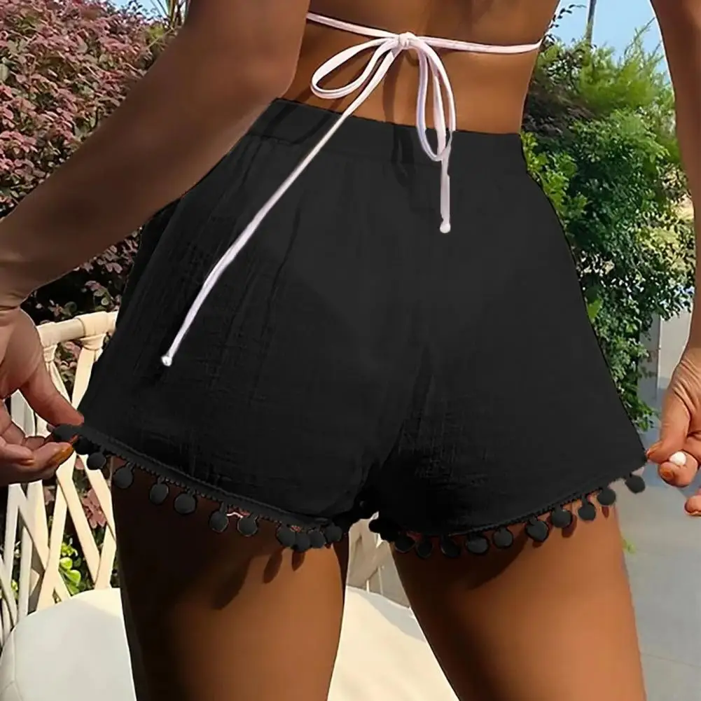 Women Beach Shorts See-through Thin Elastic Waist Quick Dry Plush Ball Decor Bikini Cover-up Shorts Summer Sport Jogging Shorts