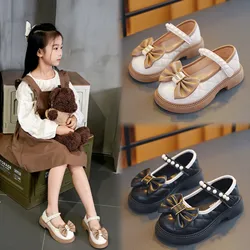 Girls' Leather Shoes 2024 Spring New Korean Version of Bow Soft Soles Children Small Middle Children Black Girls Shoes