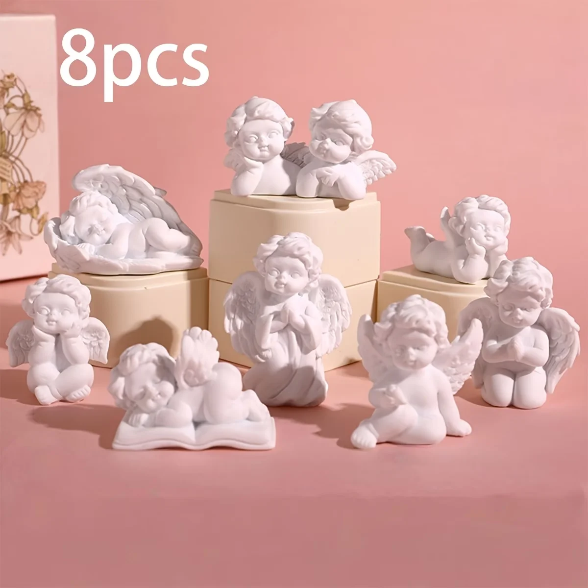 8PCS White Cherub Angel Figurines Set Resin Statue Cute Baby Angel Ornaments European Home Decor Shelf Table Decoration Gift view 6