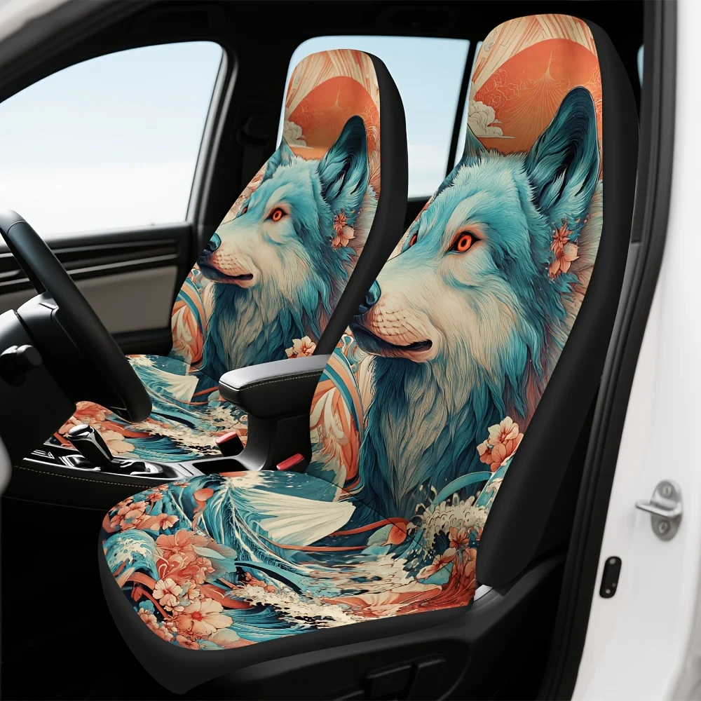 2pcs Wolf & Floral Mountain Wave Design Front Seat Covers - Stylish & Orange Car Interior Decor, Durable Polyester, Machine Wash