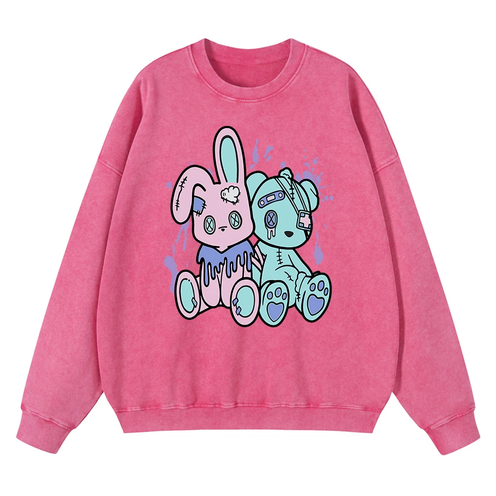 Vintage Distressed Washing Pink Rabbit Blue Rabbit Cartoons Graphic Men Hoodies Oversized Clothes Hoodie Hip Hop Cotton Pullover