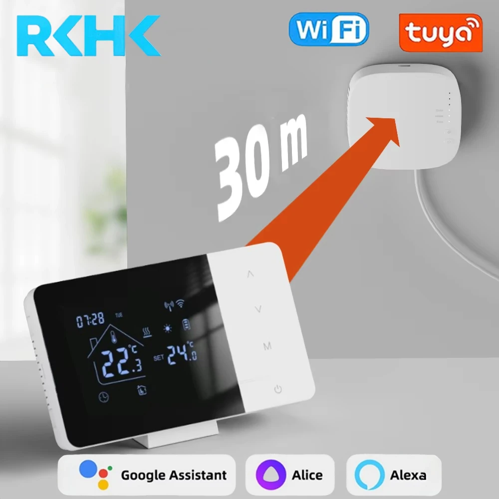 RKHK Tuya Heating/Cooling Thermostat for Gas Boiler Smart Home Battery-powered Thermoregulator Daily programming Work with Alexa