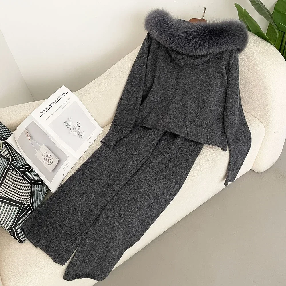 Strickwaren Herbst und Winter Modischer Pullover Anzug Damen Hose Kapuzenjacke mit abnehmbarem Fuchspelzkragen Pelzmantel