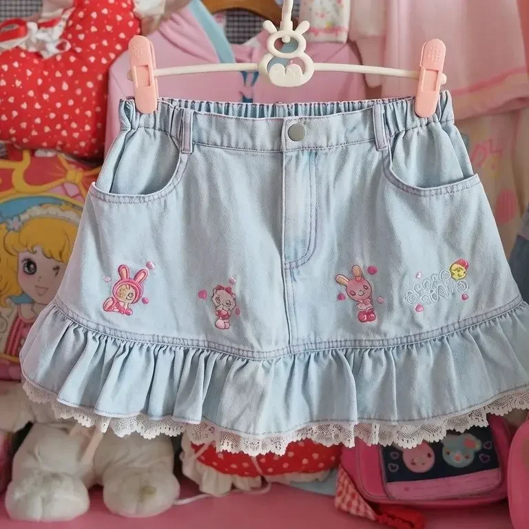Autumn New Sweet Girl Lace Ruffle Trim Subculture Pleated Skirt Japanese Cute Cartoon Mp Embroidery Jojifuku Denim Skirt
