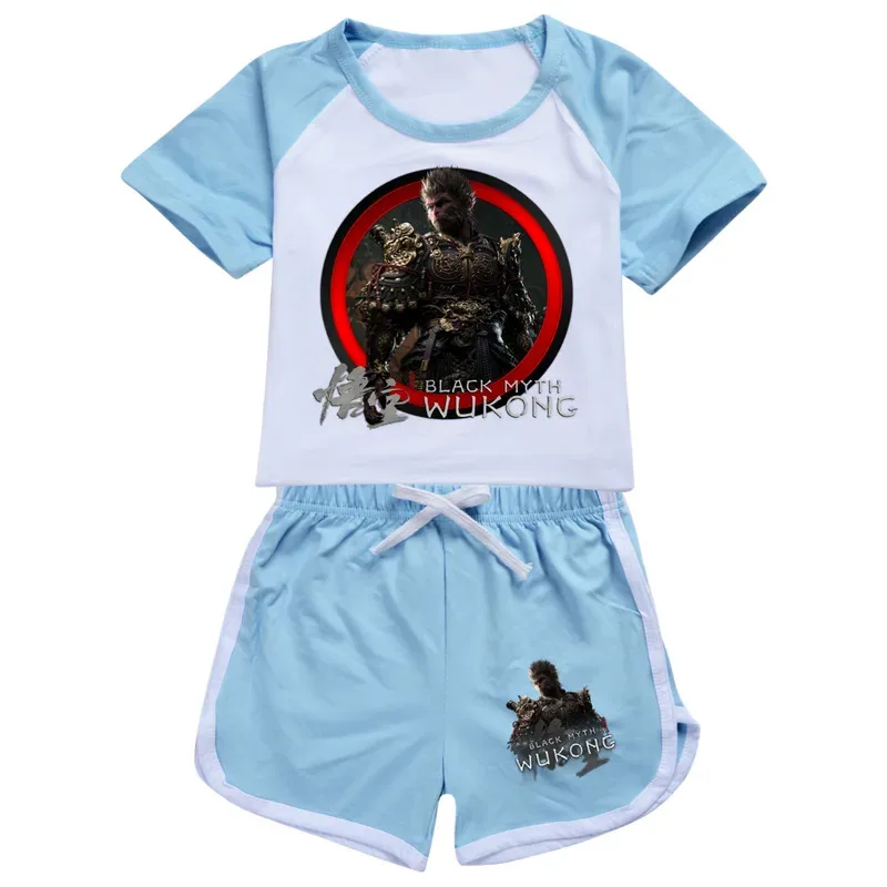 111 www لعبة جديدة الأسود أسطورة Wukong طباعة الاطفال زي طفل الفتيان ملابس مريحة هدية عيد ميلاد تي شيرت + السراويل 2 قطعة الدعاوى ل