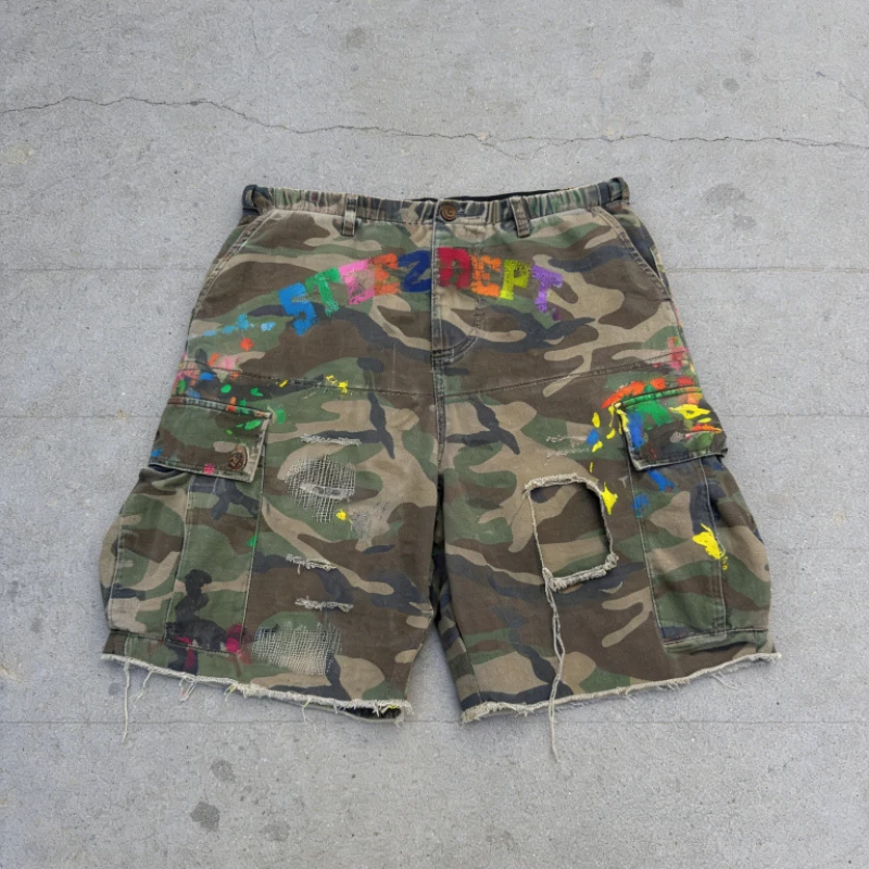 Y2K American Cargo Shorts Paint Splatter Camouflage Pattern Bottom New Trendy Retro Hip Hop Streetwear Unisex Baggy Short Pants